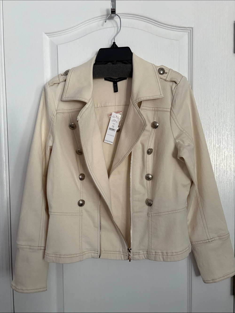 White House Black Market Cream Double-Breasted Military Jacket